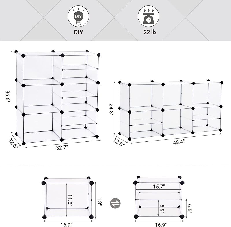 Photo 2 of SONGMICS Cube Storage Organizer, Interlocking Plastic Cubes with Divider Design, Modular Cabinet, Bookcase for Closet Bedroom Kid’s Room, Includes Rubber Mallet, 32.7"L x 12.6"W x 36.6"H White ULPC36W 