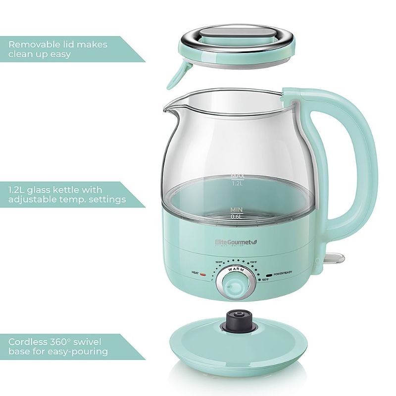 Photo 1 of Elite Gourmet - 1.2L Adjustable Temperature Electric Glass Kettle - Mint
