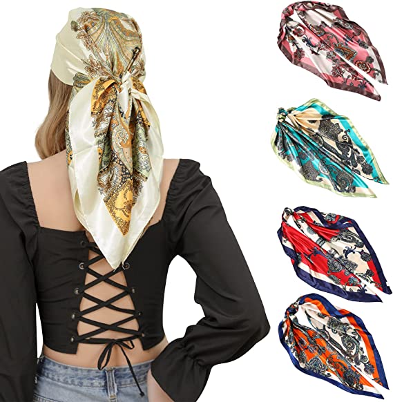 Photo 1 of 4Pcs Silk Satin Square Headscarf - 35 Inches Large Hair Bandana Head Kerchief Fashion Pattern Hair Scarves for Women 