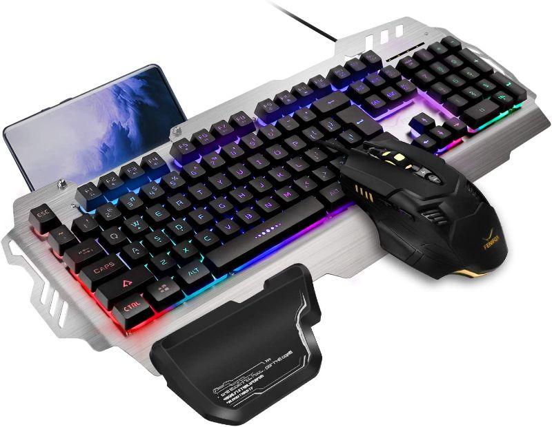 Photo 1 of FENIFOX Gaming Keyboard and Mouse, Wired Backlit Rainbow Ergonomic Mechanical Feeling Led Removable Hand Rest Metal Panel,for Windows PC Gamer PS4 Xbox one
