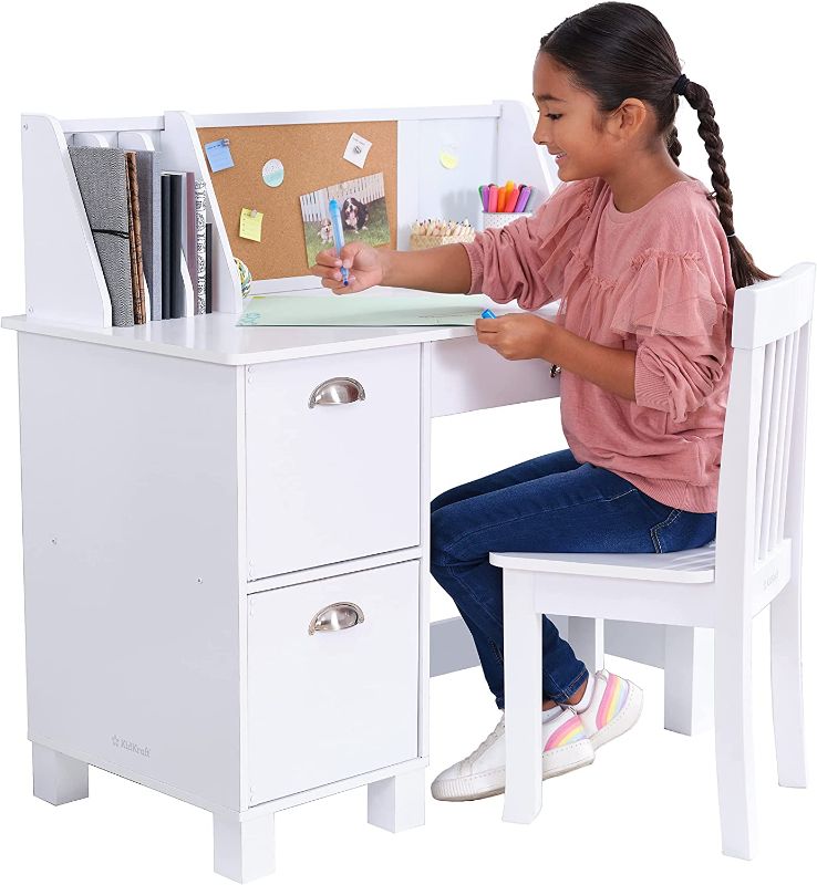 Photo 1 of KidKraft Wooden Study Desk for Children with Chair, Bulletin Board and Cabinets, White, Gift for Ages 5-10
