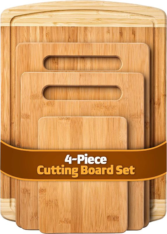 Photo 1 of Bamboo Cutting Board Set of 4 - Kitchen Chopping Boards with Juice Groove for Meat, Cheese and Vegetables - Large Natural Wood Butcher Block, Cheese Board & Charcuterie Board

