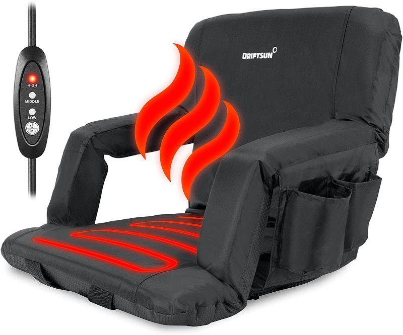 Photo 1 of Driftsun Heated Reclining Stadium Seat - Bleacher Chair with Heating Technology, Back Support, Folding Sport Chair Reclines, Perfect for Bleachers Lawns and Backyards, Black
