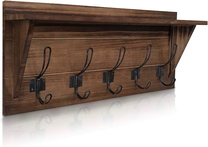 Photo 1 of ****MAJOR DAMAGE ON PACKAGING****Bamboo Wall Mounted Coat Rack With Shelf - Wooden Country Style 24" Entryway Shelf with 5 Rustic Hooks - Solid Pine Wood. Perfect touch for your Entryway