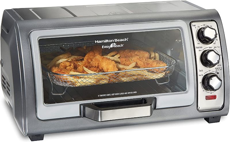 Photo 1 of Hamilton Beach Air Fryer Countertop Toaster Oven with Large Capacity, Fits 6 Slices or 12” Pizza, 4 Cooking Functions for Convection, Bake, Broil, Roll-Top Door, Easy Reach Sure-Crisp, Stainless Steel
