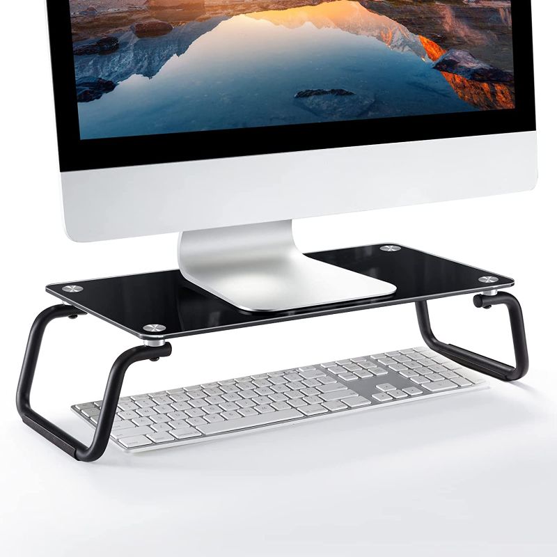 Photo 1 of LORYERGO Glass Monitor Stand, Black Monitor Stand for Desk, Computer Monitor Stand with Tempered Glass, Glass Monitor Stand Riser for Monitor/Laptop/Printer, 4.7 inch Height
