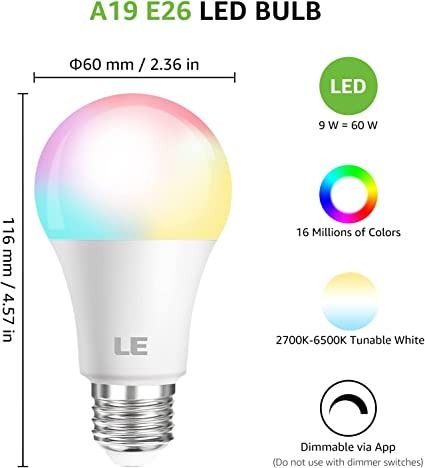 Photo 1 of LE Color Changing Light Bulbs, Bluetooth Smart LED Bulb, Dimmable via App, 60 Watt Equivalent, 2700K-6500K Tunable White, A19 E26 RGB Bulb for Bedroom Home Party and More, 2 Pack
