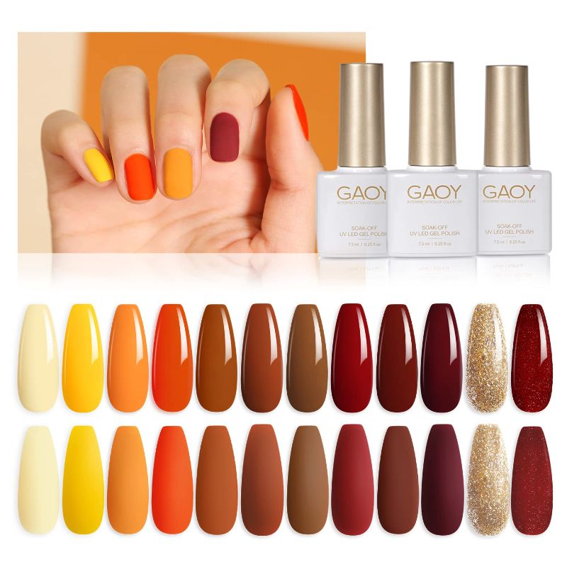 Photo 1 of GAOY 12 Pcs Gel Nail Polish Kit, Burgundy Orange Brown Fall Colors U V Gel Nail Polish Set with Glossy & Matte Top Coat and Base Coat for Nail Art DIY Pedicure and Manicure at Home
