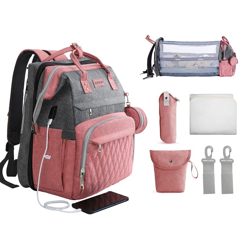 Photo 2 of Diaper Bag Backpack with Changing Station, ISMGN Large Diaper Bag Multifunctional Diaper Bag Diaper Bags for Boys Baby Shower Gifts Pink
