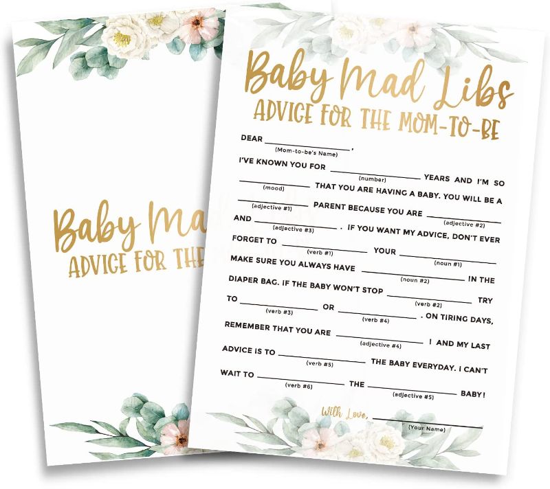 Photo 1 of Greenery Floral Baby Shower Games - Baby Mad Libs Advice For The MOM-TO-BE, 30 Game Cards, Baby Shower Games Gender Neutral-d084
