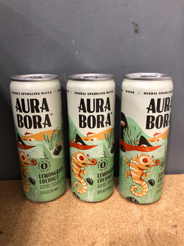 Photo 1 of 3 Packs of Aura Bora Sparkling Water, Herbal, Lemongrass Coconut - 12 fl oz (Best By 10/18/2022 