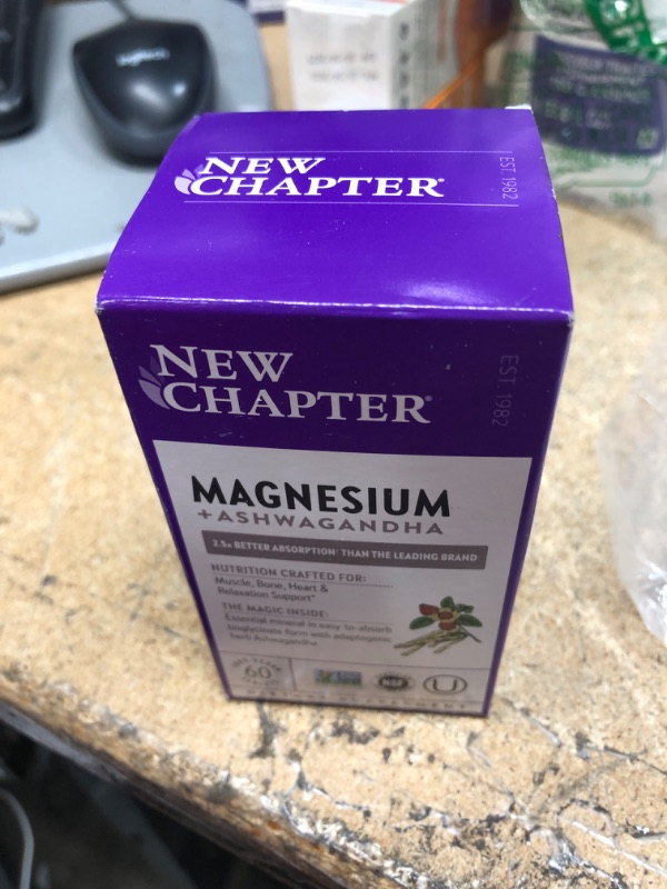 Photo 1 of *EXP: 02/2025* Magnesium, New Chapter Magnesium + Ashwagandha Supplement, 2.5X Absorption, Muscle Recovery, Heart & Bone Health, Calm & Relaxation, Gluten Free, Non-GMO - 60 ct 60 Count (Pack of 1)