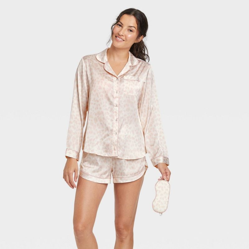 Photo 1 of New Women's 3pc Animal Print Satin Long Sleeve Notch Collar Top and Shorts Pajama Set with Eye Mask - Stars Above™ XS 
