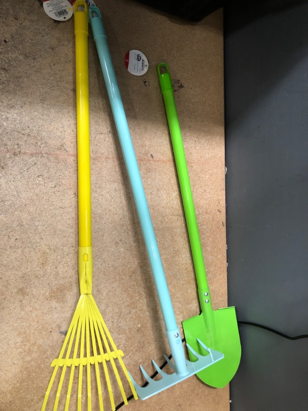 Photo 1 of Children's Play Gardening Tools; Shovel, Hoe and Rake3 Pack (Teal, Green and Yellow) 