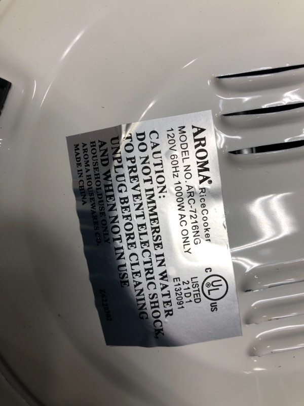 Photo 2 of Aroma Housewares Aroma 6-cup (cooked) 1.5 Qt. One Touch Rice Cooker, White (ARC-363NG), 6 cup cooked/ 3 cup uncook/ 1.5 Qt.
