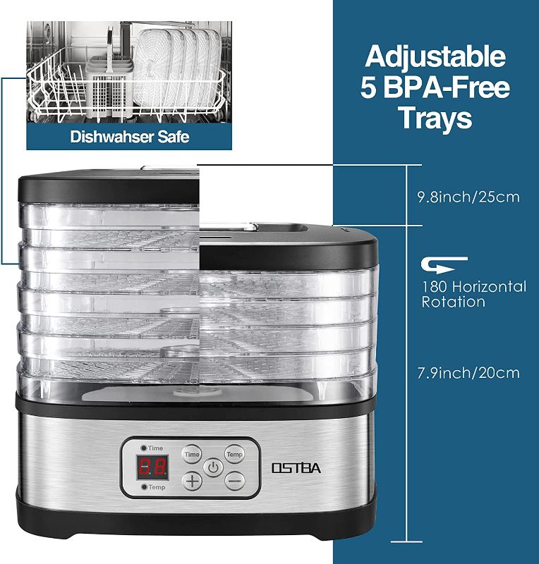 Photo 1 of OSTBA Food Dehydrator Machine Adjustable Temperature & 72H Timer, 5-Tray Dehydrators for Food and Jerky, Fruit, Dog Treats, Herbs, Snacks, LED Display, 240W Electric Food Dryer, Recipe Book
