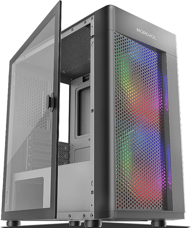 Photo 1 of MOROVOL Mesh Matx (Micro-ATX) Case Tower Computer Case, 2PCS × ARGB Fans Preinstalled and 2×USB 3.0 Ports, Magnetic Design Opening Tempered Glass Panel & Mesh Front Panel Gaming PC Case(TW7-S2-BL)
