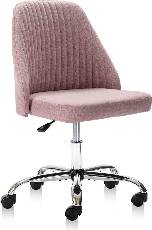 Photo 1 of Home Office Desk Chair, Modern Linen Fabric Chair Adjustable Swivel Task Chair Mid-Back Cute Upholstered Armless Computer Chair with Wheels for Bedroom Studying Room Vanity Room (Pink)
