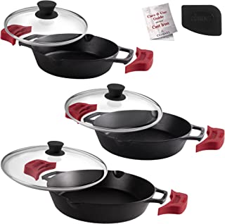 Photo 1 of Cast Iron Skillet Set - 8"+10"+12"-Inch Dual Handle Frying Pans + Glass Lids + Silicone Handle Holder Covers - Pre-seasoned Oven Safe Cookware - Indoor/Outdoor Use - Grill, Stovetop, Induction Safe
