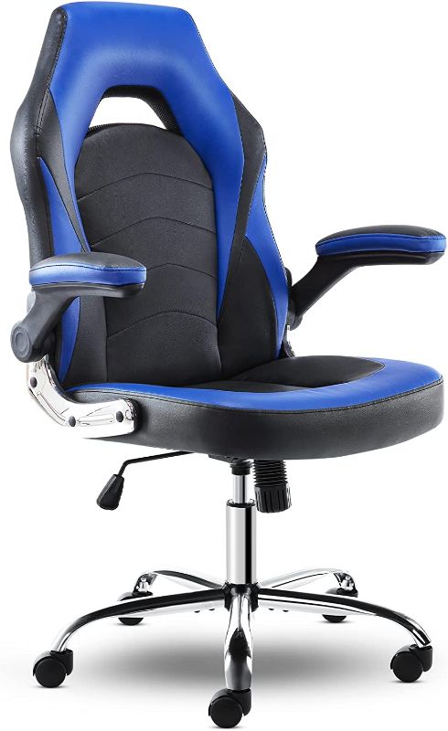 Photo 1 of Ergonomic Gaming Office Chair - PU Leather Executive Swivel Computer Desk Chair with Flip-up Armrests and Lumbar Support for Working, Studying, Gaming, BLUE AND BLACK