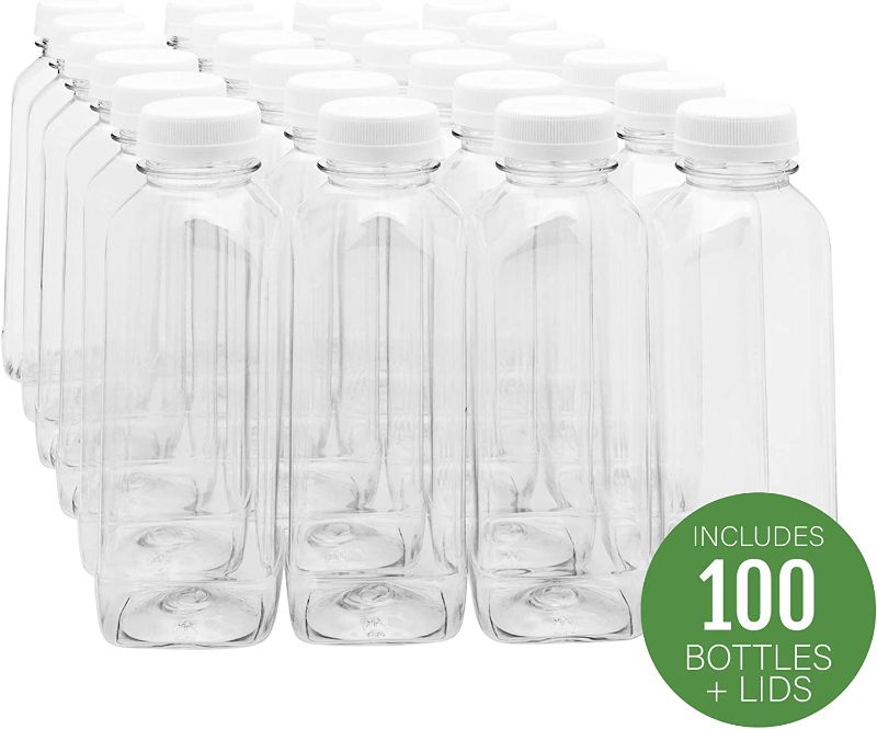 Photo 1 of 12-OZ Square Plastic Juice Bottles - Cold Pressed Clear Food Grade PET Bottles with Tamper Evident Safety Cap: Perfect for Juice Shops, Cafes and Catering Events - Disposable and Eco-Friendly - 100-CT