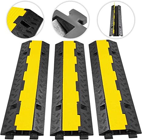 Photo 1 of 2 Channel Rubber Cable Protector Ramps Heavy Duty 11000Lbs Load Capacity Protective Wire Cord Ramp Driveway Traffic Speed Bumps Hose Cable Ramp Cover for Indoor Outdoor, Black & Yellow
