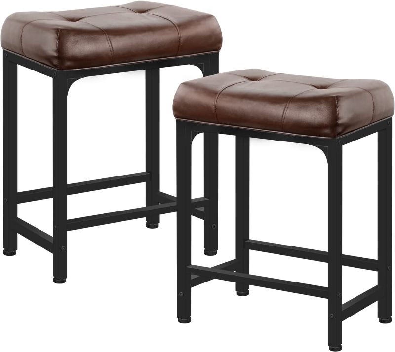 Photo 1 of Aheaplus Bar Stools Set of 2, 24 Inch Counter-Height Stools Saddle Stool, PU Leather Barstools with Metal Base, Footrest, Industrial Stools for Dining Room Kitchen Island, Counter, Pub, Bar, Brown
