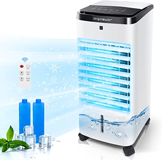 Photo 1 of Aigostar Portable Evaporative air cooler, Portable Air Conditioner with Double Water Tank, 3 Modes w/Cooling & Humidification, 12H Timer & Remote Control Ultra-quiet Swamp cooler for Home & Office
