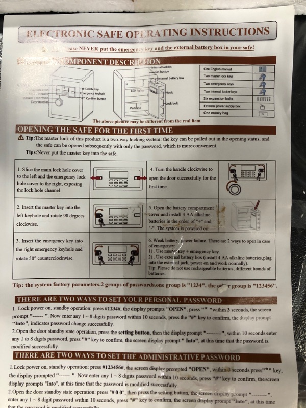 Photo 3 of Electronic Safe with Accessory Bag 
Includes: One Manual, Two Master Lock Keys, Two Emergency Keys, Two Internal Locker Keys, Six Expansion Bolts, External Power Supply Box, and One Money Bag