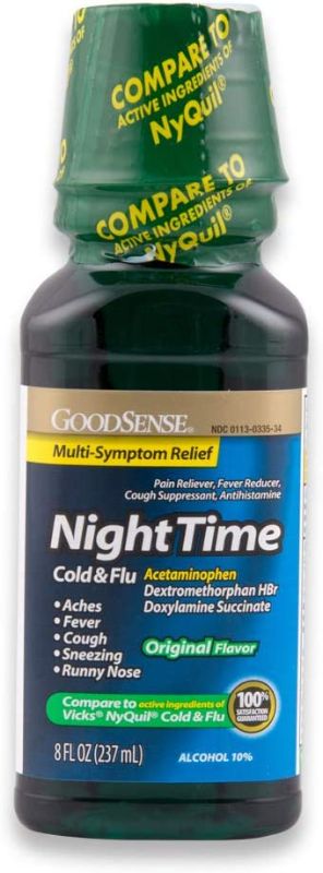 Photo 1 of 10 PACK
BEST BUY DATE: 11/20222
GoodSense Nighttime Cold & Flu Relief, Pain Reliever, Fever Reducer, Cough Suppressant & Antihistamine, 8 Fluid Ounces Green
