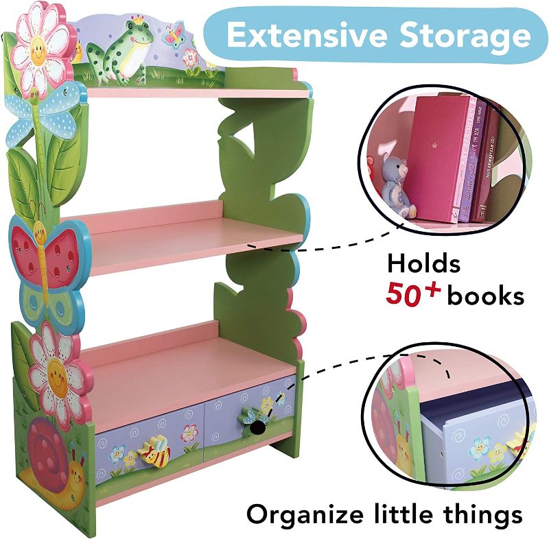 Photo 1 of Fantasy Fields by Teamson Kids Magic Garden Kids Wooden Bookshelf with Storage Drawers, Multicolor, 22" x11.5''x38''
