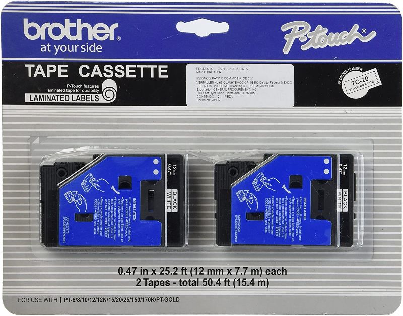 Photo 2 of Brother 12mm (1/2") Black on White Laminated Tape (7.7m/25') (2/Pkg)