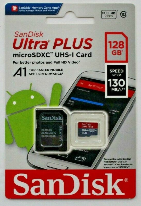 Photo 1 of SanDisk Ultra Plus 128GB MicroSD Memory Card
