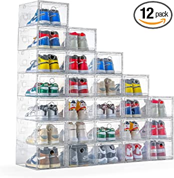 Photo 1 of 12 Pack Shoe Storage Box Shoe Box Clear Plastic Stackable Drop Front Shoe Organizer Space Saving Foldable Shoe Container Bin Fit up to US Size 12 (transparent)
