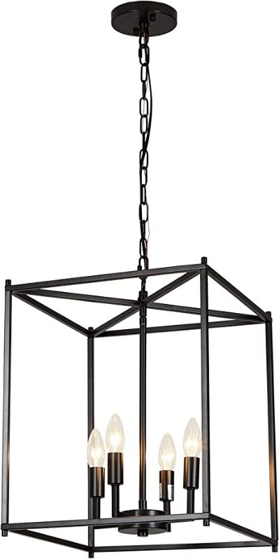 Photo 1 of 4-Light Farmhouse Chandelier Black Lantern Chandelier for Foyer 12.6" Lantern Pendant Light Entryway Kitchen Pendant Lighting Over Island Adjustable Height Square Cage Pendant Hanging Light Fixtures
