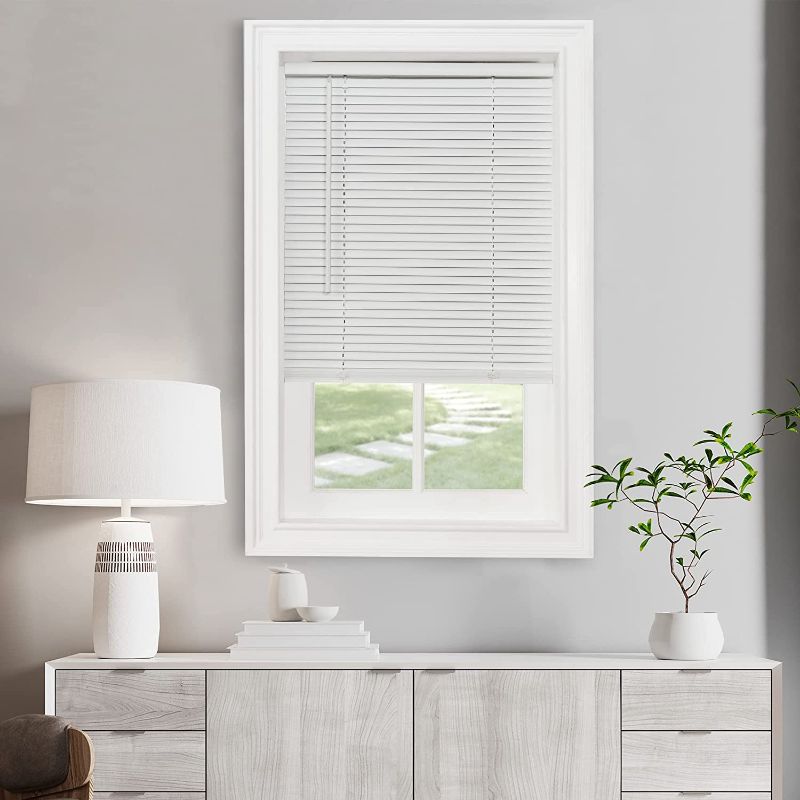 Photo 1 of Achim Cordless Light Filtering Mini Blinds for Windows, Horizontal Vinyl Window Blinds, Shades for Indoor Windows, Inside Mount 1” GII Morningstar Collection, Pearl White, 34” W in x 64” H
