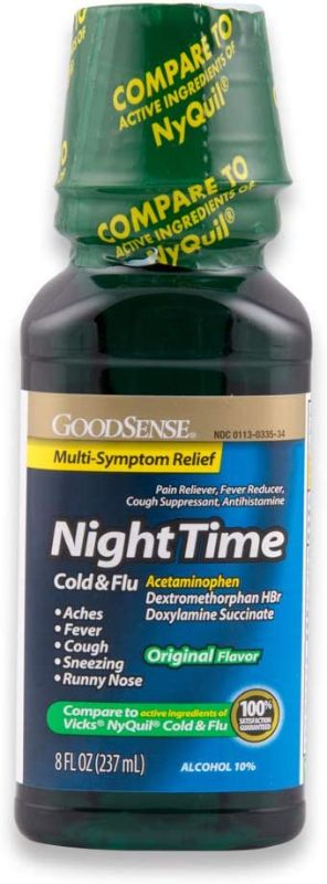 Photo 1 of 10 PACK* BEST BY 11/2022**
GoodSense Nighttime Cold & Flu Relief, Pain Reliever, Fever Reducer, Cough Suppressant & Antihistamine, 8 Fluid Ounces Green
