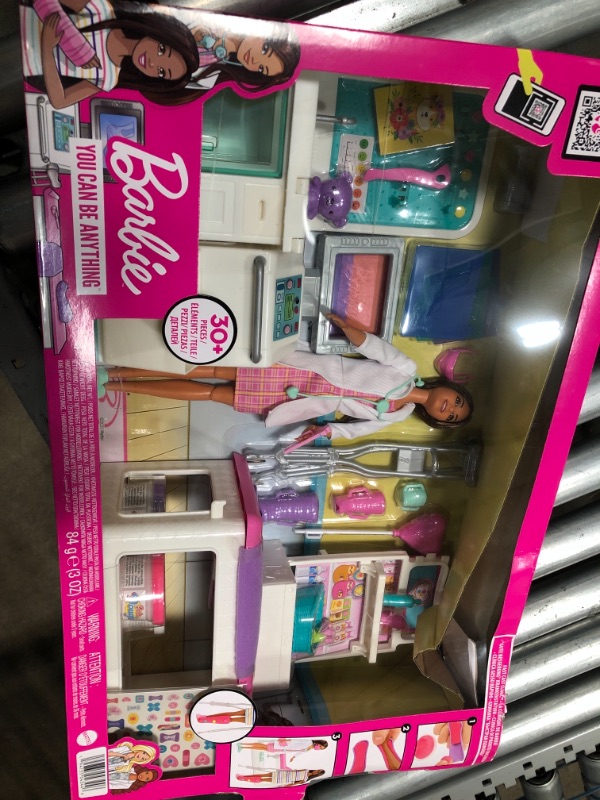 Photo 2 of Barbie Fast Cast Clinic Playset, Brunette Doctor Doll (12-in), 30+ Play Pieces, 4 Play Areas, Cast & Bandage Making, Medical & X-ray Stations, Exam Table, Gift Shop & More, Great Toy Gift
