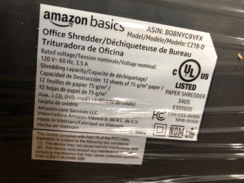 Photo 3 of Amazon Basics Micro Cut Paper Shredder and Credit Card CD Shredder with 6 Gallon Bin, 12 Sheet Capacity
