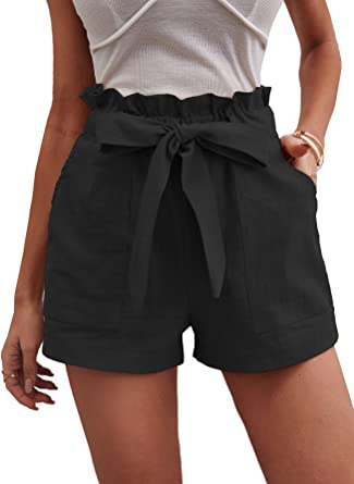 Photo 1 of Floerns Women's Solid Paper Bag High Waist Shorts Summer Casual Bow Tie Belted Shorts XS
