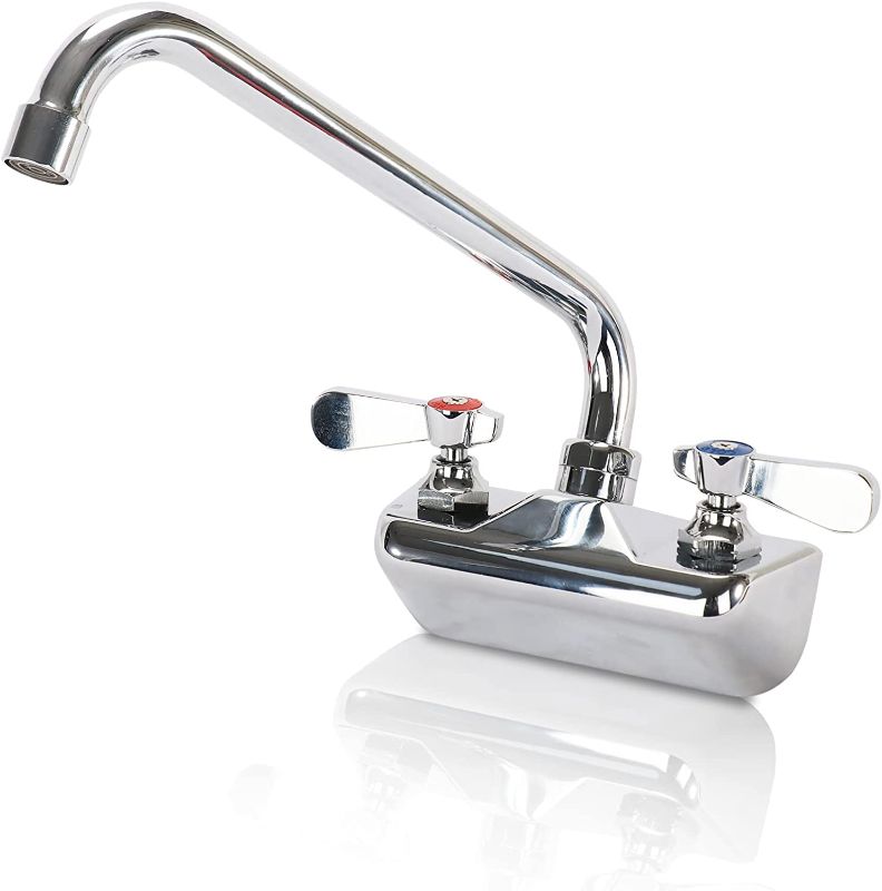 Photo 1 of 4 Inch Center Commercial Sink Faucet Wall Mount Kitchen Hand Sink Faucet, 1/2" NPT Male Inlet, Brass Constructed & Chrome Polished, with 10" Swivel Spout & Dual Lever Handles
