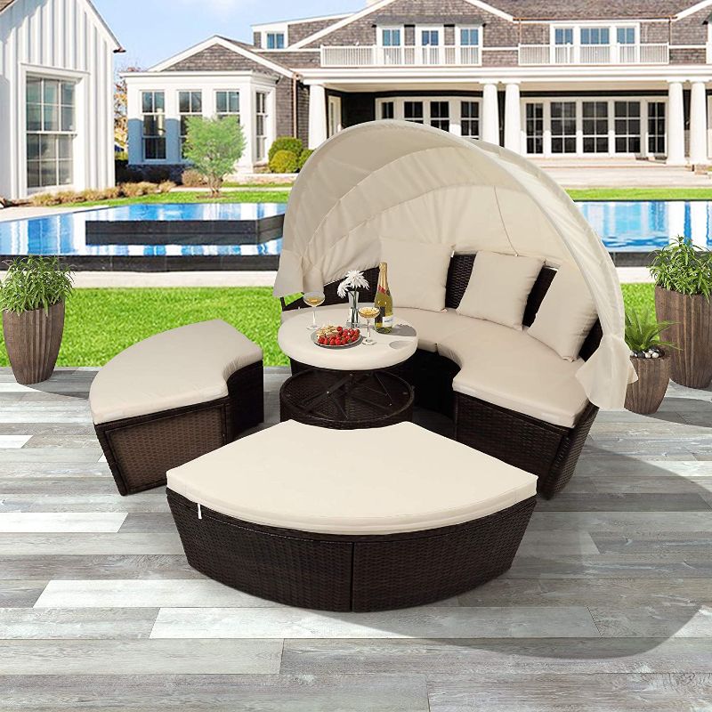 Photo 1 of ***BOX 2 ONLY*** GLORHOME Outdoor Rattan Daybed Sunbed Furniture with Retractable Canopy and Seperate Seating,Convetile Round Sectional Sofa Set w/Washable Cushions for...
