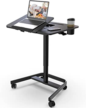 Photo 1 of JOY worker Mobile Standing Desk, Pneumatic Height Adjustable Table, 60° Tiltable Rolling Laptop Desk, Portable Sit Stand Desk with Wheels Cup Holder for Bed Couch Hospital, Holds Up to 22lbs, Black
