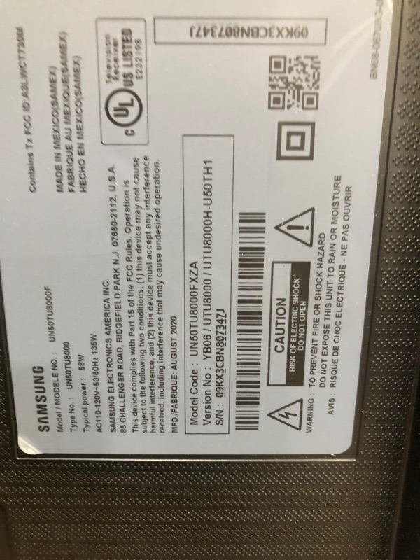 Photo 1 of PARTS ONLY POWERS ON BUT DOESN'T DISPLAY PROPERLY
SAMSUNG 50-inch Class Crystal UHD TU-8000 Series - 4K UHD HDR Smart TV with Alexa Built-in (UN50TU8000FXZA, 2020 Model)

