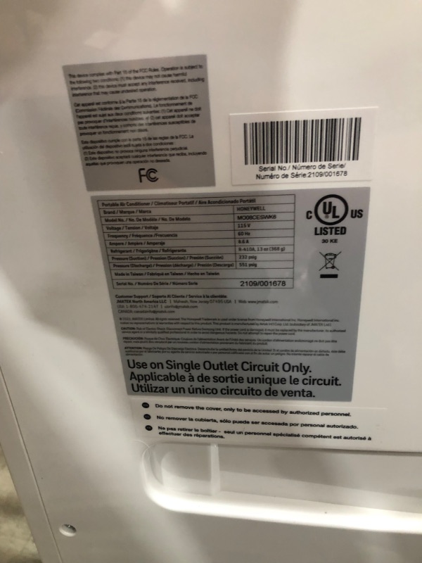 Photo 5 of PARTS ONLY POWERS ON BUT FANA ND COMPRESSOR DOES NOT FUNTION
Honeywell MO08CESWK6 9,100 BTU (ASHRAE)/6,100 BTU (SACC) Portable Air Conditioner with Remote Control, White/Black
