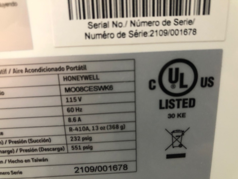 Photo 6 of PARTS ONLY POWERS ON BUT FANA ND COMPRESSOR DOES NOT FUNTION
Honeywell MO08CESWK6 9,100 BTU (ASHRAE)/6,100 BTU (SACC) Portable Air Conditioner with Remote Control, White/Black
