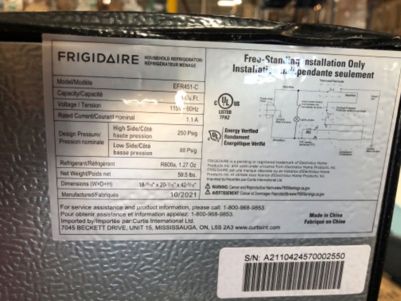 Photo 8 of 	Frigidaire EFR451 2 Door Refrigerator/Freezer, 4.6 cu ft, Platinum Series, Stainless Steel, Double