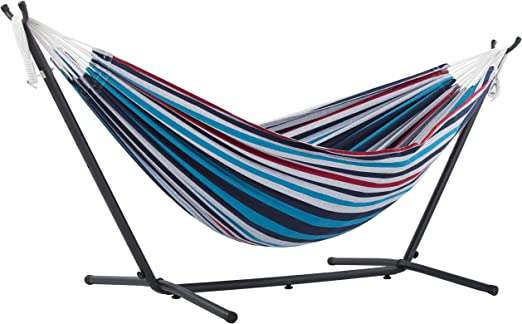 Photo 1 of **SIMILAR TO STOCK PHOTO**Vivere Double Cotton Hammock with Space Saving Steel Stand, Denim (450 lb Capacity - Premium Carry Bag Included), Denim with Charcoal Frame, 1 Count