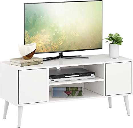 Photo 1 of  Retro TV Stand, Mid-Century TV Console Table, Fits up to 55-inch Television, Modern Entertainment Cabinet with Storage and Shelves Cabinet for Living Room, Office, Bedroom(White)
