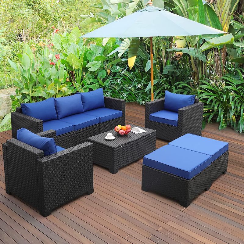 Photo 1 of **MISSING PARTS** 6 Pieces Patio Wicker Furniture Set Outdoor PE Rattan Conversation Couch Sectional Chair Sofa Set with Royal Blue Cushion
